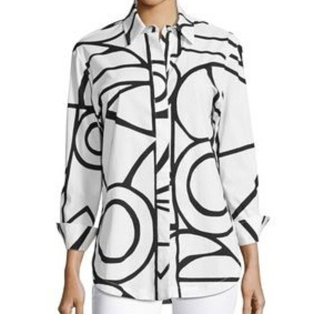 FINLEY White Black Abstract Long Sleeve Button Up Tunic - Size L